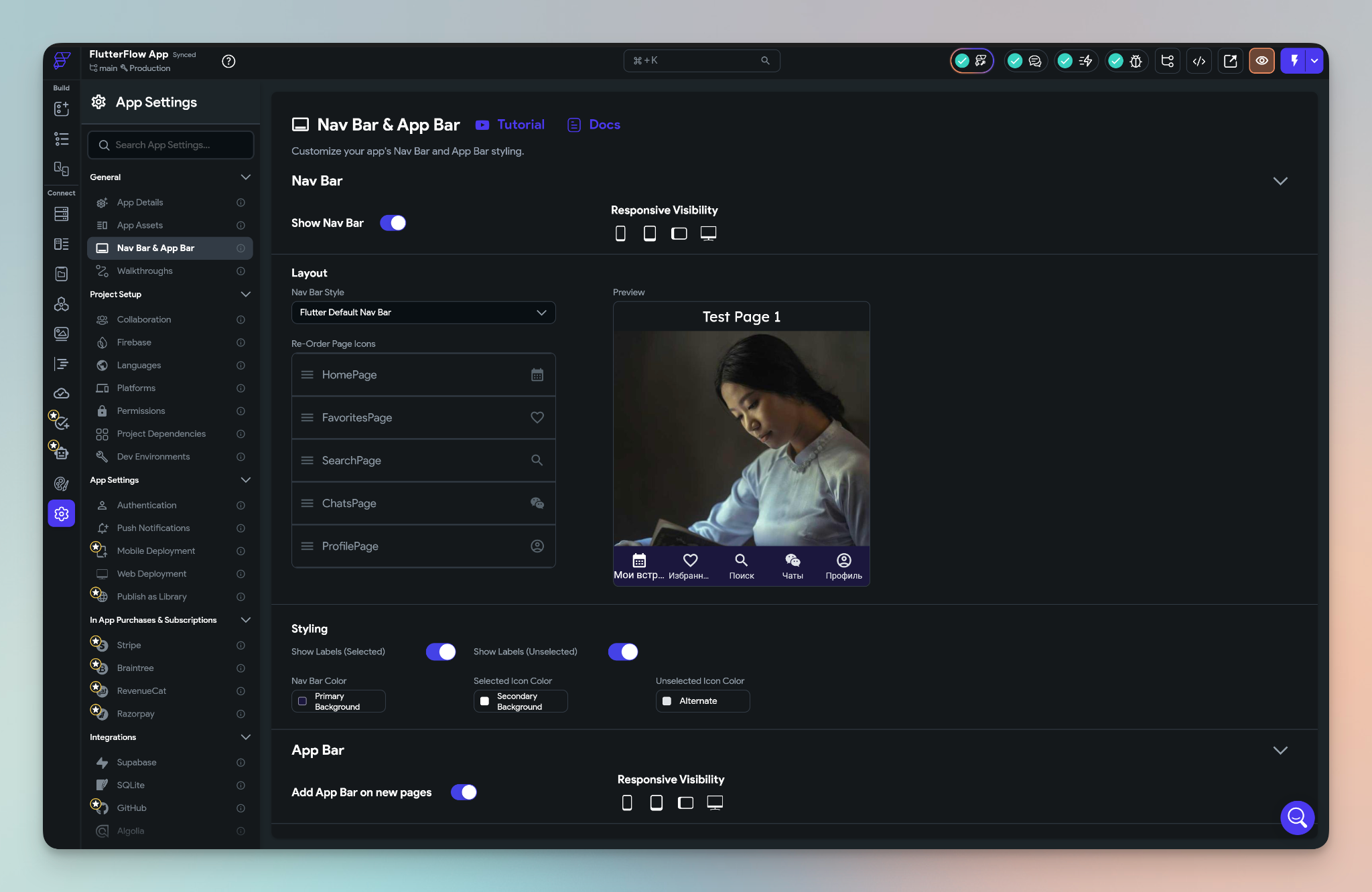 Раздел конфигурации приложения FlutterFlow